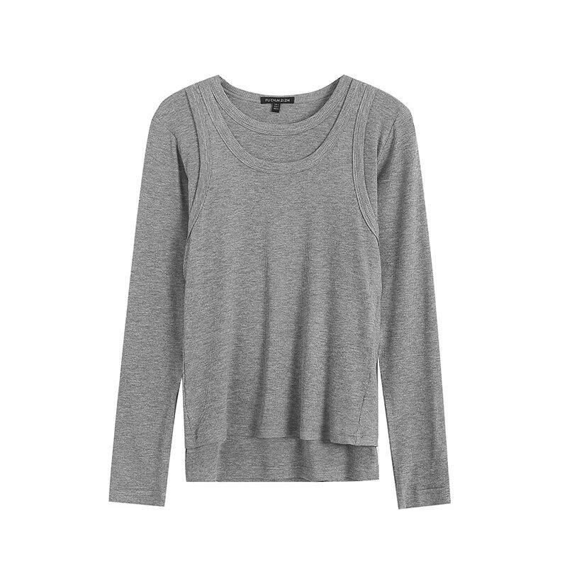 

UC&ZA Women s Double-Layer Crew Neck Knit T-shirt Small серый