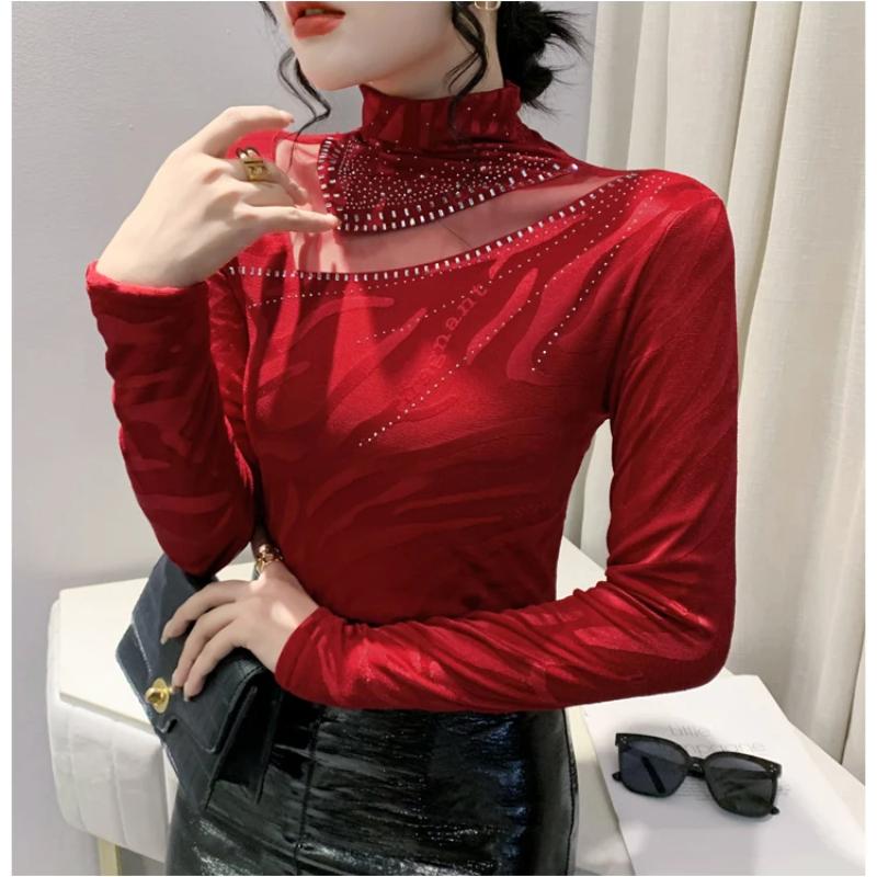 Spring Autumn Classic Women Turtleneck Long Sleeved T-Shirt Fashion Sexy Hot Diamonds Tees Elastic Slim Girl Tops Blouse