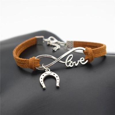 Fashion Valentine's Day LOVE Infinity Jewelry Women Antique Silver Color Horseshoe Horse Hoof Charms Leather Bracelets