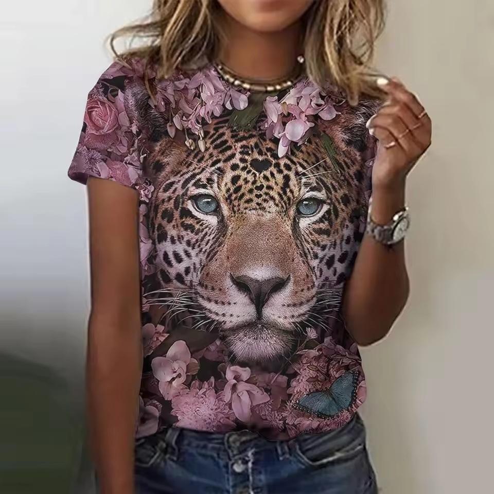 Summer Round Neck 3D Lion Tiger Leopard Print Top Fashionable Casual Short Sleeved Women's T-shirts
