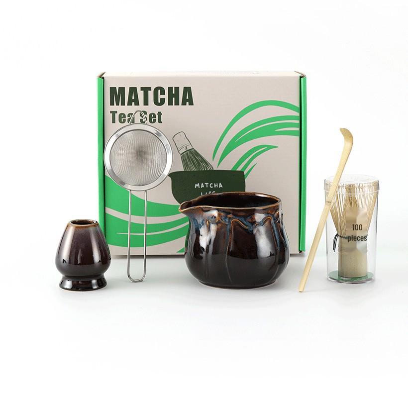 Ceramic Japanese Matcha Tea Ceremony Set with Hundred-Pronged Whisk, Holder, and Brush