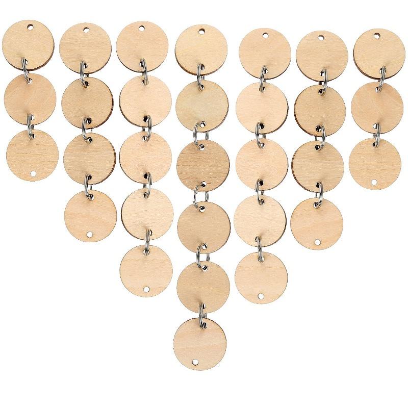 50pcs/pack Unfinished Blank Wood Round/Heart/Star Pendants Disc Wooden Pieces with Hole and Conneted Rings for DIY Craft Art