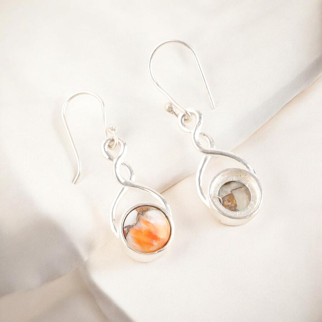 Rare Orange Copper Turquoise Gemstone 925 Stamped Silver Designer Earrings 1.68" CE-15-45