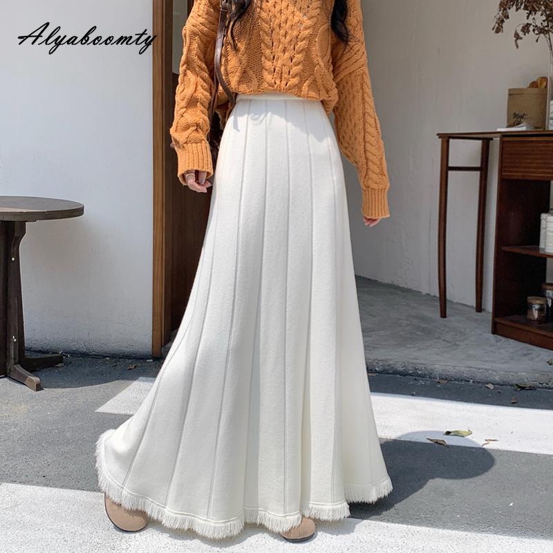 Autumn Winter Women Maxi Long Tassel Knitted Skirt Beige Red Dark Gray Black Knitting Warm Skirt Elegant Fashion Pleated Skirt