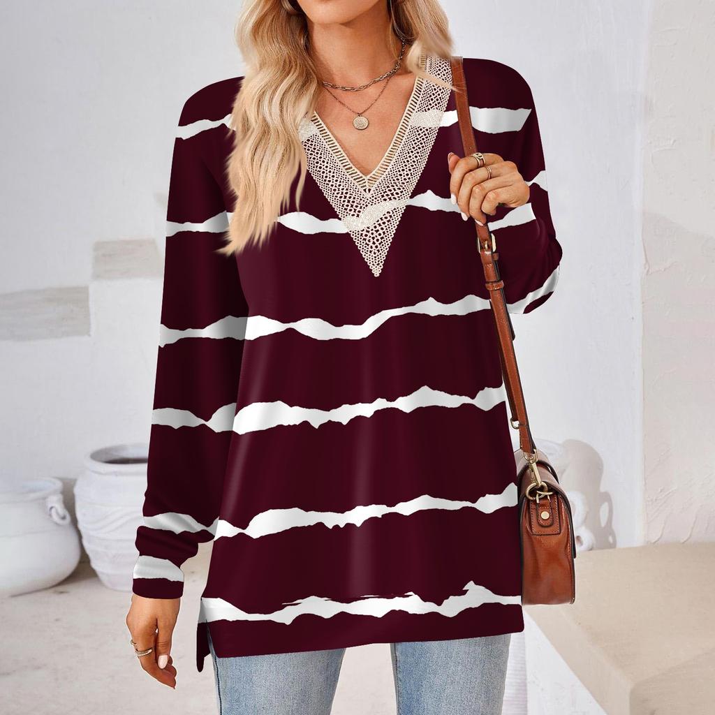 Womens Tops Loose V-neck Contrast Color Split Loose Long Sleeve T-shirt Women's Tops