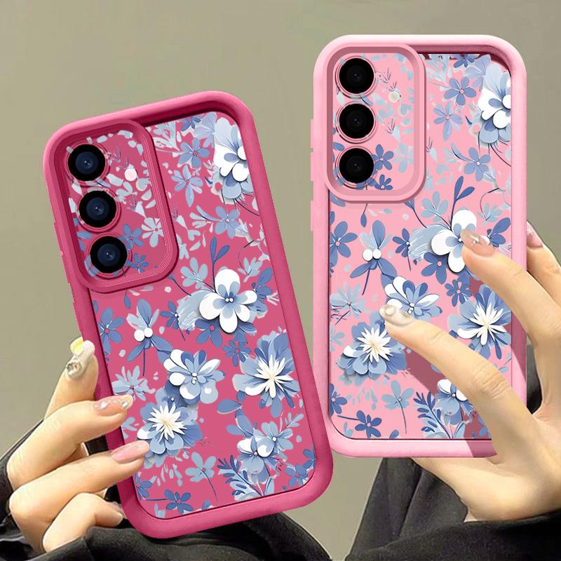 Blue and White Flowers Case For Samsung Galaxy A57 A37 A17 A56 A36 A26 A16 5G A55 A35 A15 A54 S21 FE S22 S23 S24 Plus S25 Edge S26 Ultra Cover