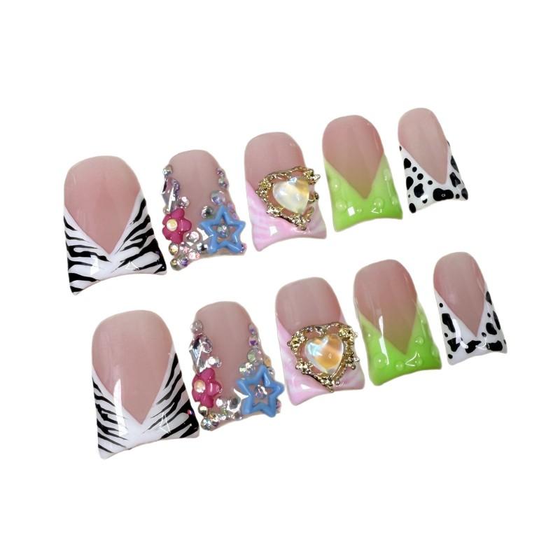 Short Duckbill Press-On Nails With Heart Star Ice-Transparent Cute Sweet Zebra Polka Dot Manicure Tips