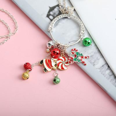 Christmas Necklace, Long Chain with Hanging Alloy Santa Hat, Gift Tie, Bell, C Holiday Necklace