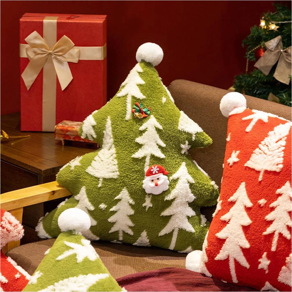 Christmas Red Green Pillow Cushion Plush Jacquard Christmas Tree Pillow Festive Decoration Throw Cushions Christmas Gifts