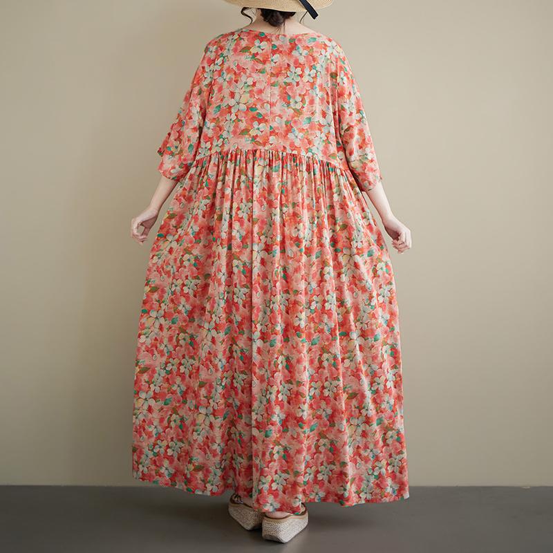 DIMANAF Neues Sommer-Strand-Sonnenkleid 2026 Damen Übergröße Vintage Dame Langes Kleid Locker Übergröße Maxi Blumenprint Baumwolle