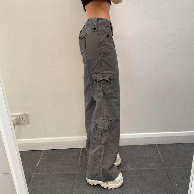 Fashion Retro Style Casual Large Pockets Jeans Street Wear Spicy Girl Pop Straight Leg Pants Elegant Loose Denim Pants Trousers 703