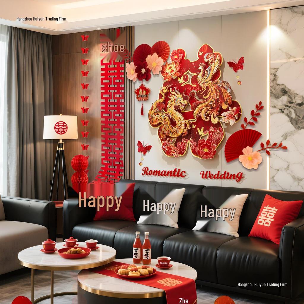 3D Dragon & Phoenix Double Happiness Wedding Decoration for Bedroom or Sofa Wall