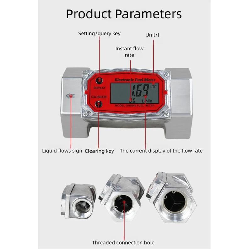High Precision Digital Display Turbine Flow Meter Fuel Flowmeter Measuring Diesel Kerosenes Gasolines Water Methanol 1/1.5/2inch