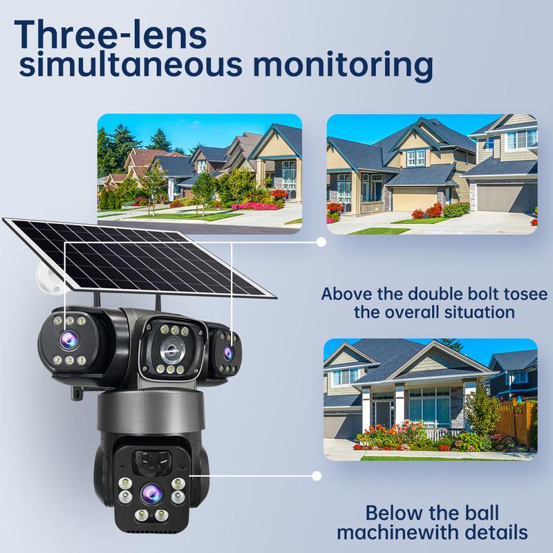 V380 15MP 4G SIM Solar Camera Outdoor Triple Lens Three Screen Two-Way Audio Auto Tracking Security Camera CCTV PTZ Surveillance