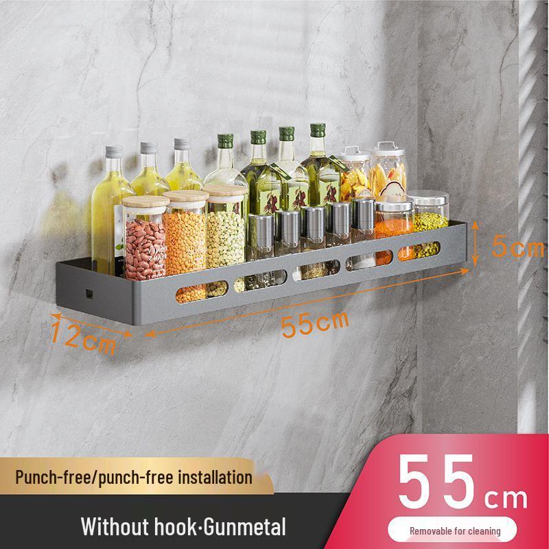 Charlotte Gunmetal Grey Wall-Mounted Kitchen Storage Rack with Seasoning Jar Organizer, Punch-Free