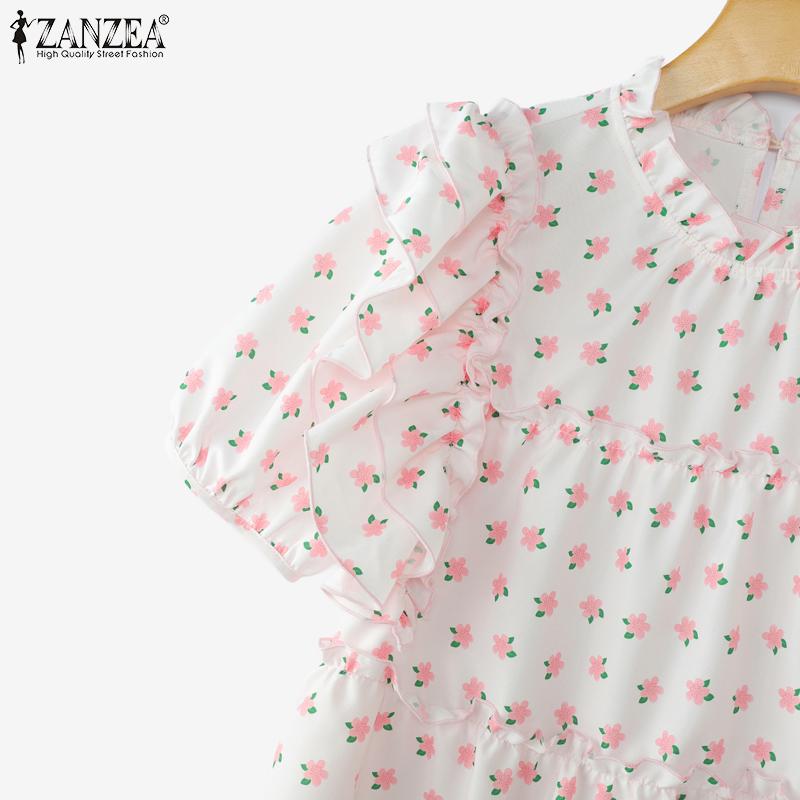 ZANZEA Women Casual Round Neck Short Sleeve Floral Print Summer Blouse