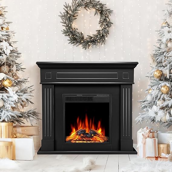 43 Inch Fireplace TV Stand with Mantel - Electric Fireplace Heater, Wooden Entertainment Center, Adjustable LED Flame, Freestand