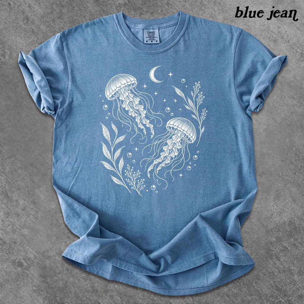 Celestial Jellyfish Shirt, Botanical Ocean Tee, Moonlit Marine Life Graphic, Coastal Sea Lover Gift, Mystical Comfort Colors Shirt