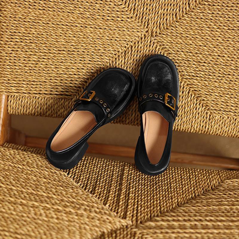 Krazing Pot Cow Skin Autumn Winter Shoes Chunky Heels Size 43 Size 42 Round Toe Slip on Metal Buckle Deep Mouth Pumps