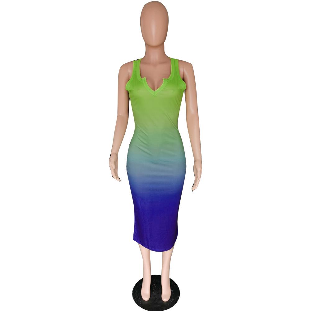 Sexy Gradient V-neck Bodycon Midi Dress - Elegant European & American Style Women's Clothing