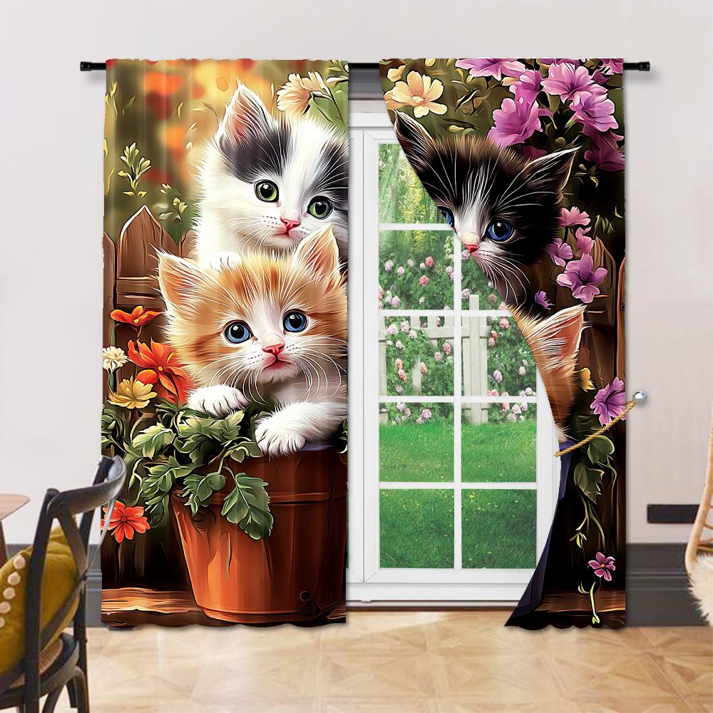 2Pcs Kitten Flower Window Curtains For Bedroom And Living Room Rod Pocket Polyester Material Drapes For Office Study Home Decor