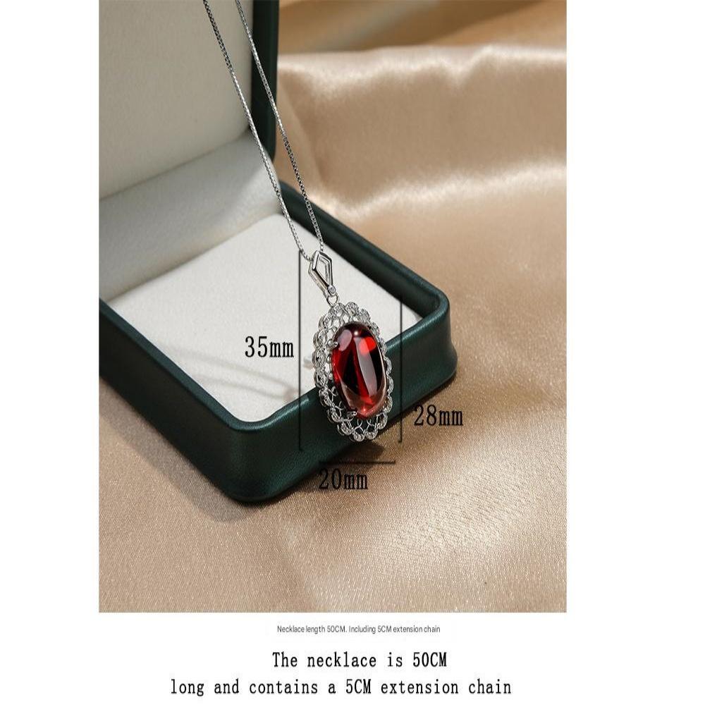 925 Sterling Silver Retro Light Luxury Round Red Zircon Necklace Birthday Party Anniversary Wedding Gift