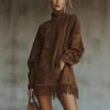2026 Vintage Style High-Neck Suede Tassel Dress with Pockets
