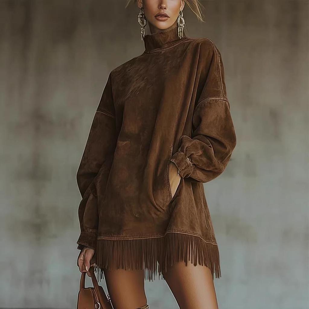 2026 Vintage Style High-Neck Suede Tassel Dress with Pockets