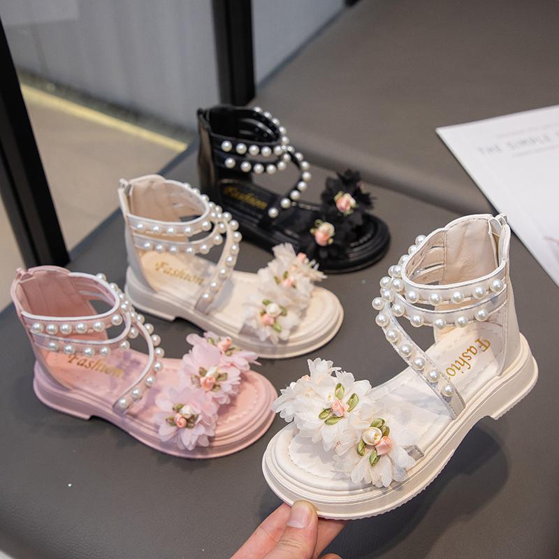 Girls Princess Shoes with Sweet Flowers Pearls Kids Roman Sandals Back Zipper 2025 Summer New Children Beach Shoes Soft Sole