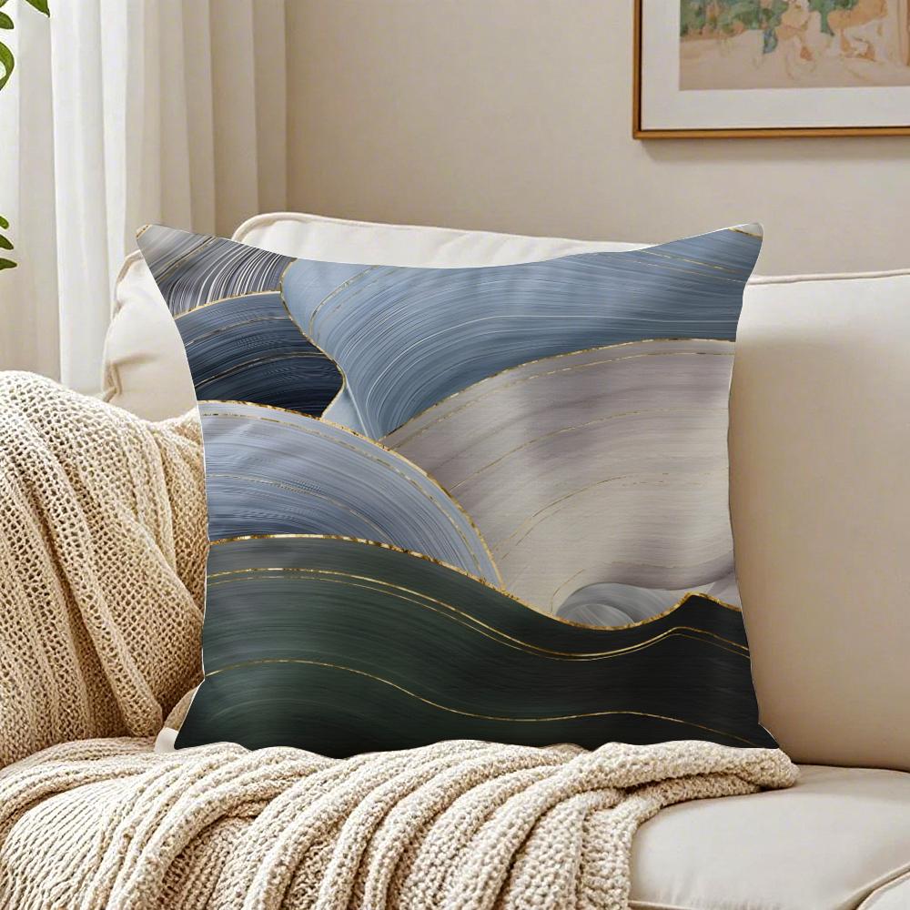 Blue Gold Wave-Shaped Pattern Pillow Case Double-Sided Plush Sofa Cushion Covers Organic Breathable Invisible Zipper