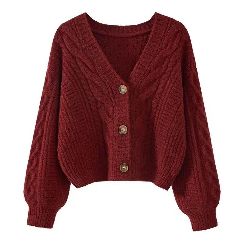 V-neck Twist Sweater Women's Loose Short Autumn and Winter Japanese Style Lazy Cardigan Top for Small People