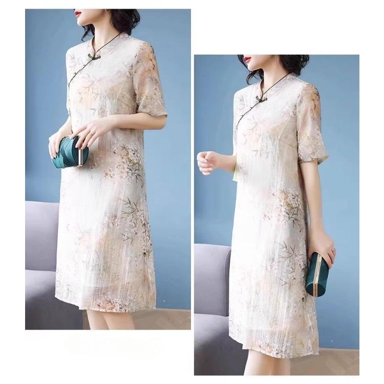 Luxury Silk Cheongsam Dress Chinese Style Modified for Women Short Sleeves Elegant Mother Dress Over Knee Length