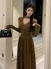 Niche Design Pleated Ribbon A-line Knit Dress – Women's Spring/Autumn Slimming Long Style
