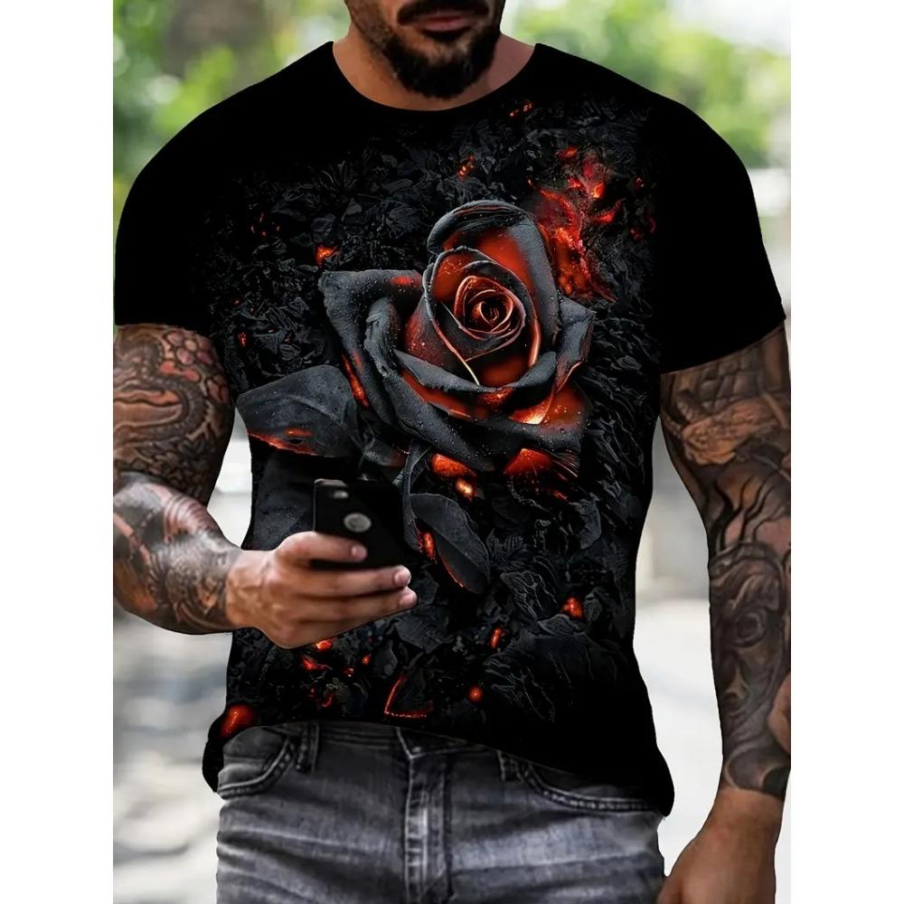T-Shirt Men Novelty Red Rose 3D Printed Summer Crew Neck Short Sleeve Casual Graphic T Shirts Fashion Oversized Men's Clothing