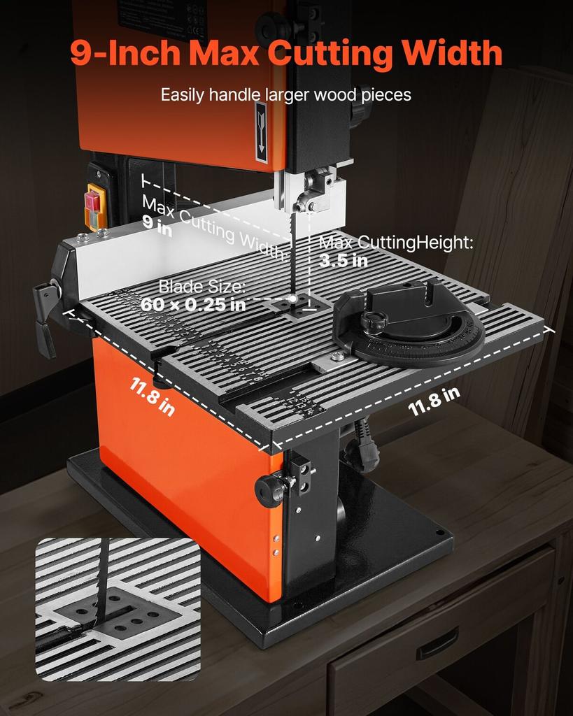 Band Saw, 229 mm, Woodworking Benchtop Bandsaw with 373W 1/2 HP Motor, 90 mm Max Cutting Height, 300 x 300 mm Cast Aluminum Table, 0-45° Tilting