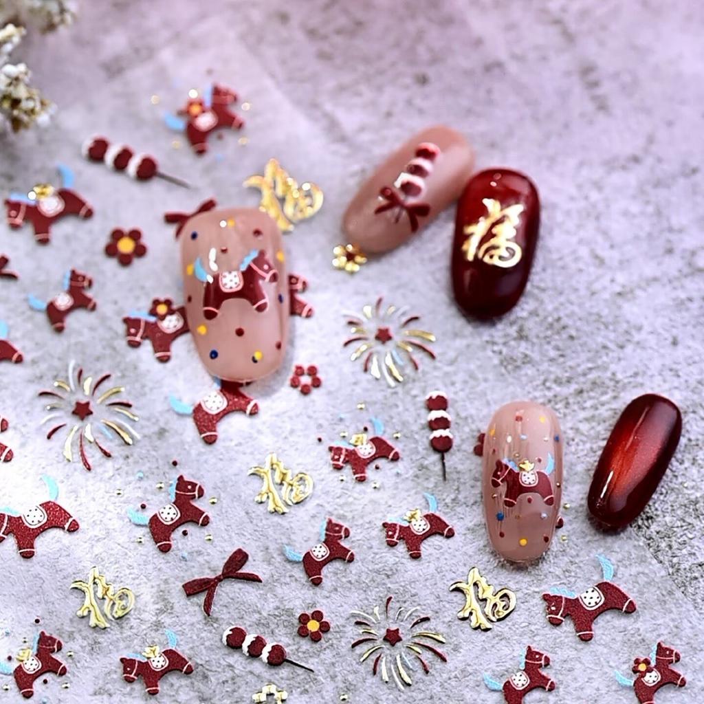 1pc Year Of The Horse New Year Nail Stickers Cartoon Red Pony Fortune Lucky Cat Manicure Decals DIY Nail Art Decoration