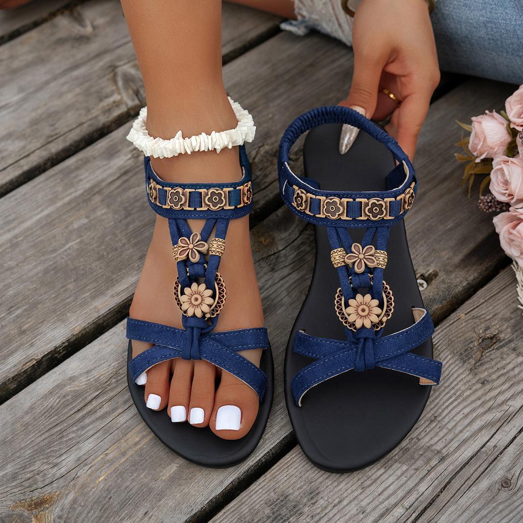 Bohemian Flat Bottomed Women's Sandals, Round Headed Beaded Flower Beach Shoes Summer Fashionable Breathable Casual Women's Sandals