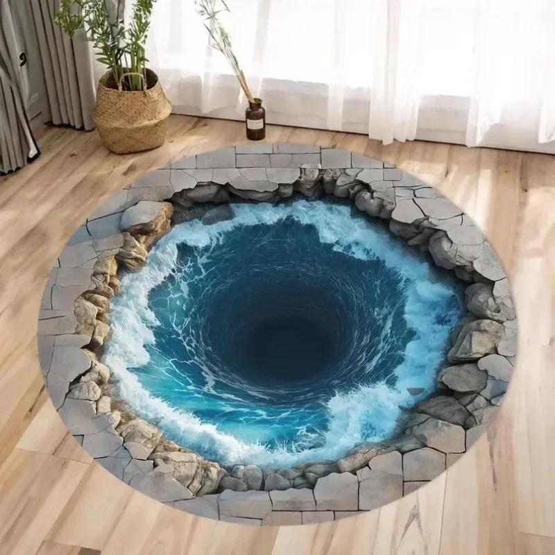 

3D Underwater World Round Area Rug – Shark & Fish Illusion Floor Mat – Non-Slip Ocean Carpet for Kids Room, Living Room Decor 80x80cm