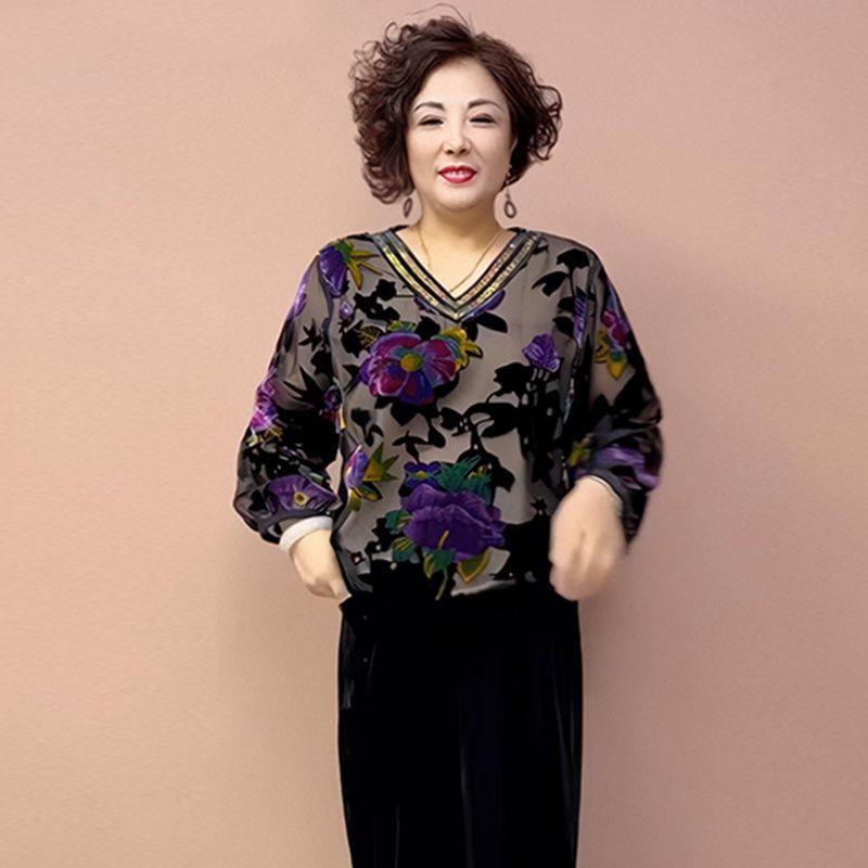 2PCS Pants Suts Spring Summer High-end Women's Velvet Plus-Size Silk Blouse Velvet Pants Two-Piece Set Loose Flocked Printed Blouse Velvet Pants Set