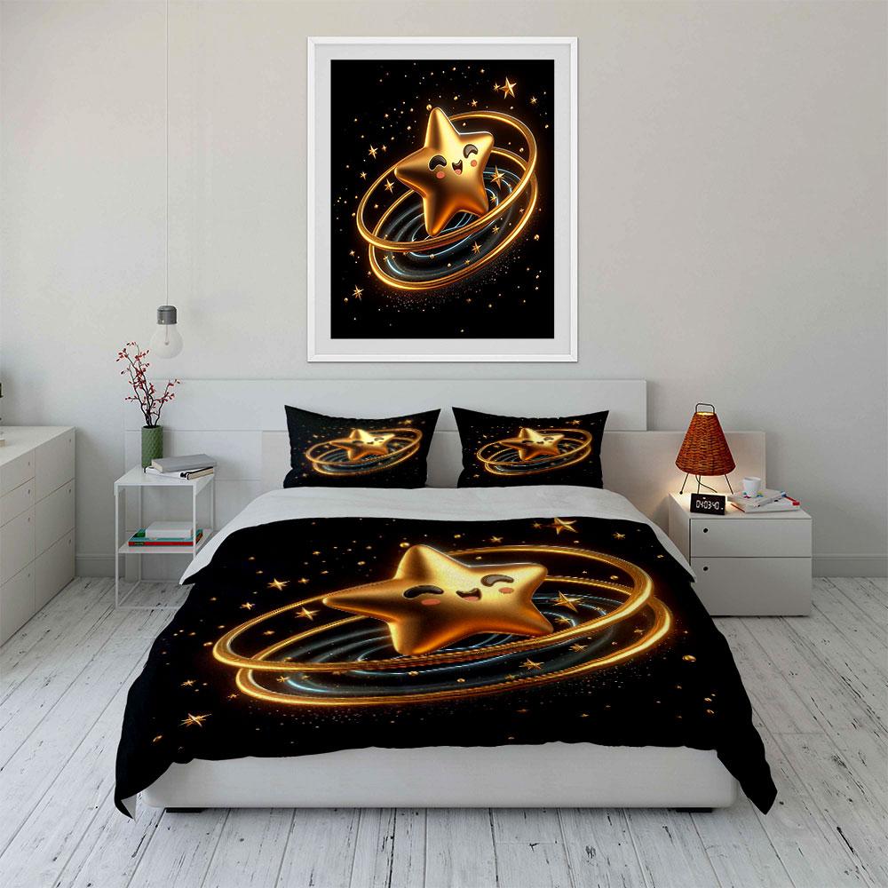 Golden Star Decor Set Bedding Set With 1 Duvet Cover 2 Pillowcases Single Double King Queen, Gift