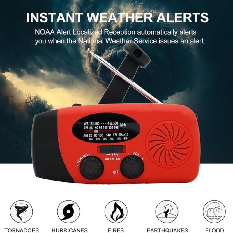 Emergency Solar Crank Radio With LED Flashlight and 5000mAh Power Bank - Red