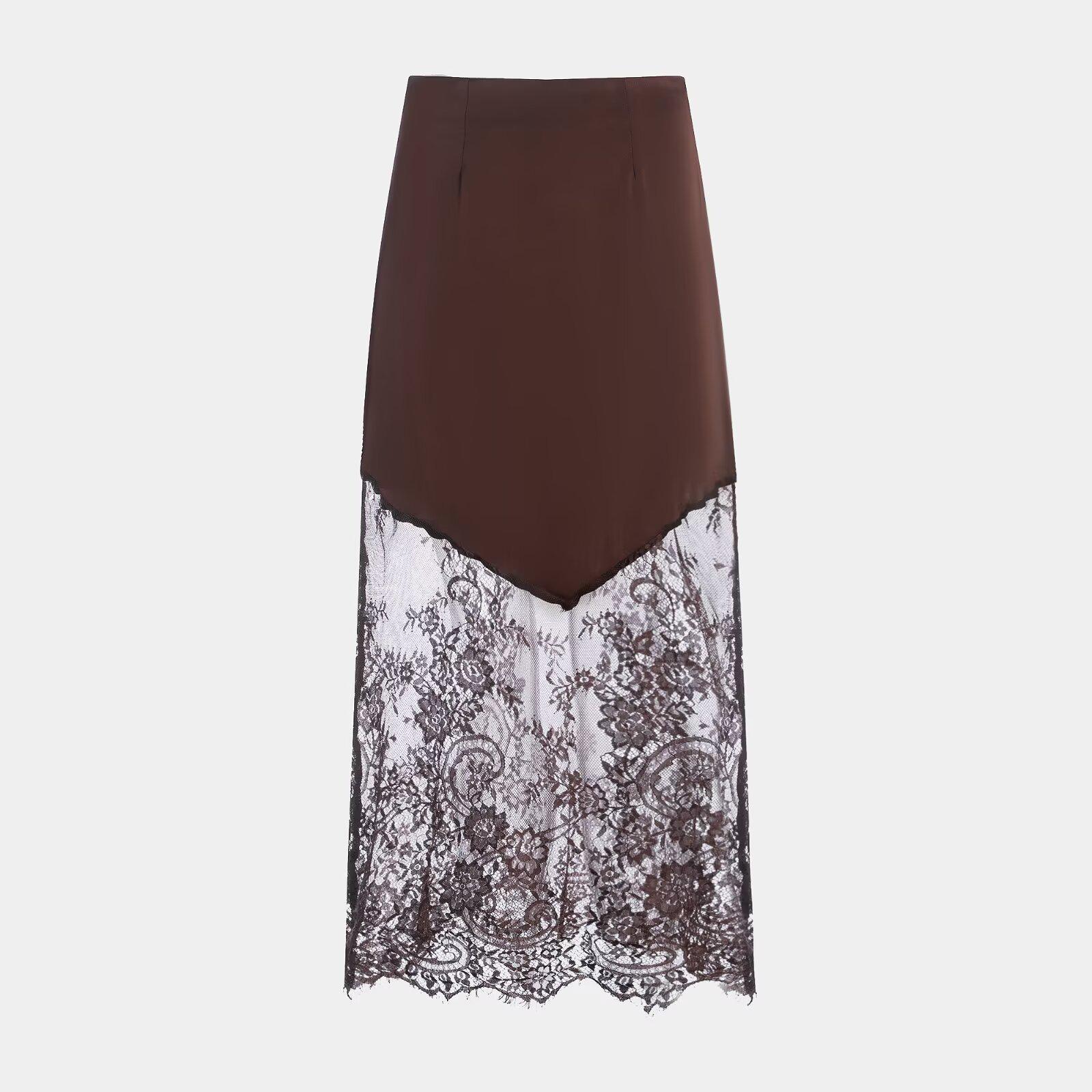 2025 Autumn European Style Women s Mid-Length Lace Patchwork Skirt Small коричневый