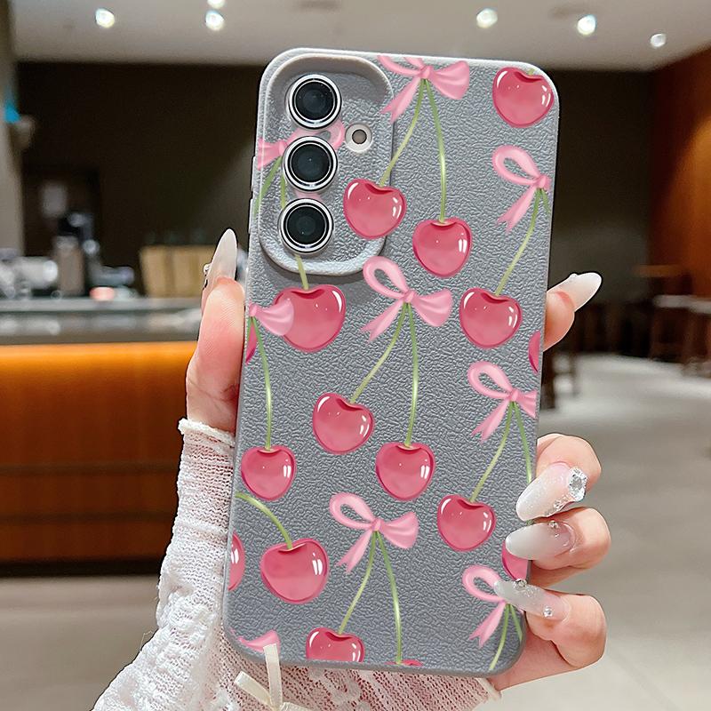 Crystal Cherry Fruits Bowknots Case For Samsung Galaxy A57 A37 A17 A56 A36 A26 A16 A55 A35 A25 A15 A54 5G S21 FE S22 S23 S24 Plus S25 Edge S26 Ultra