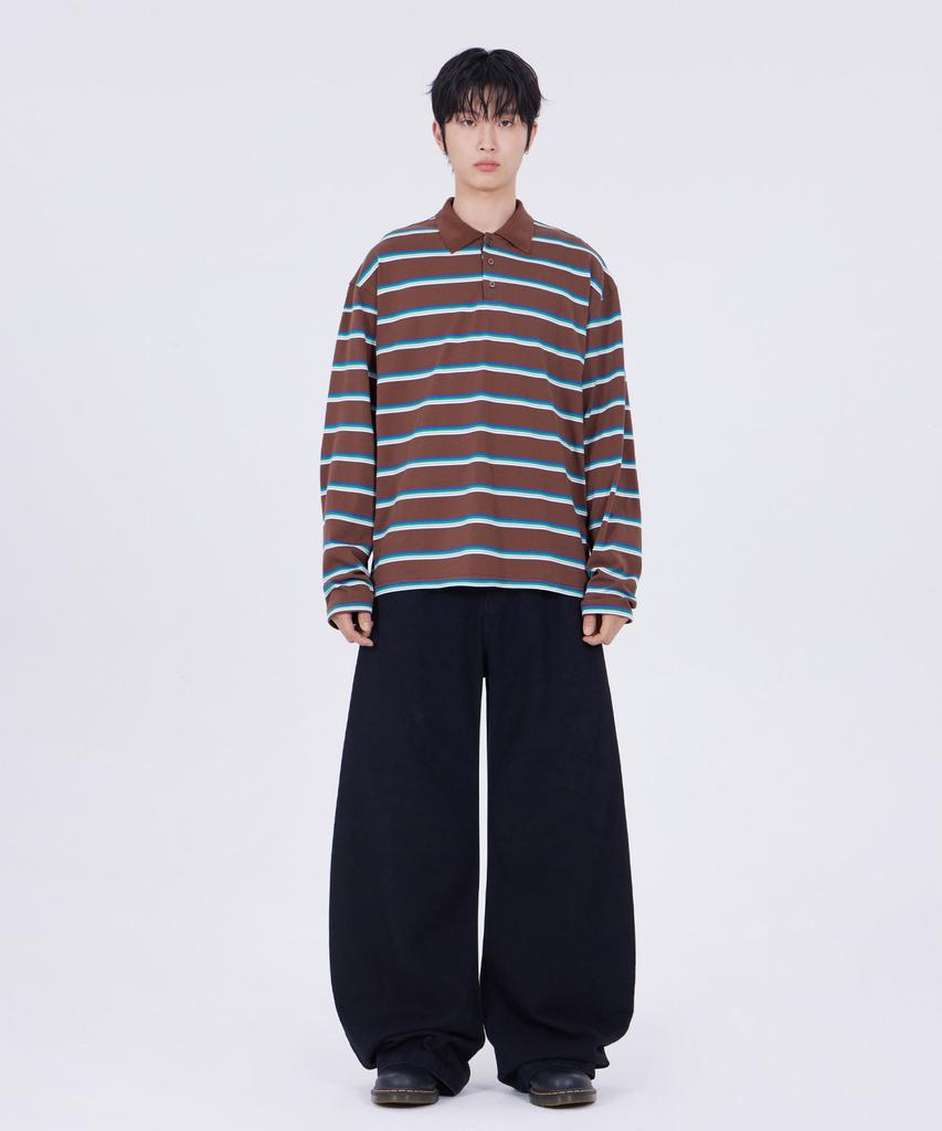GLW Oversized Striped Collared T-Shirt Brown