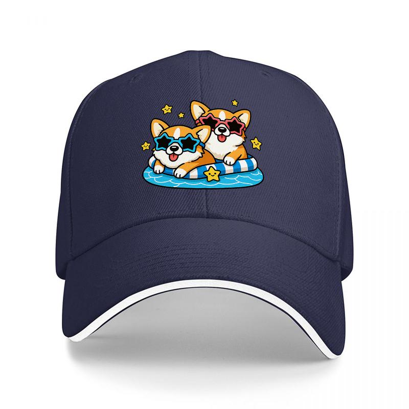 Corgi-Hunde-Sommer-Pool-Schwimmkappe, cooles Cartoon-Haustier-Sonnenbrillen-Design, schwarzer verstellbarer Hut für Erwachsene