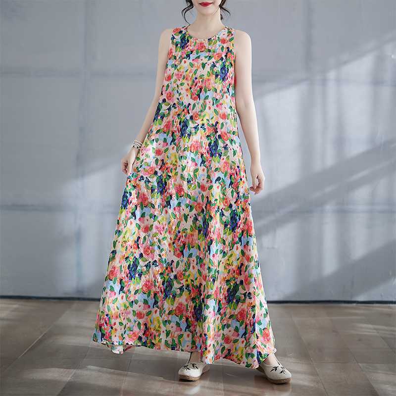 Long Skirt Summer New Round Neck Printed Dress