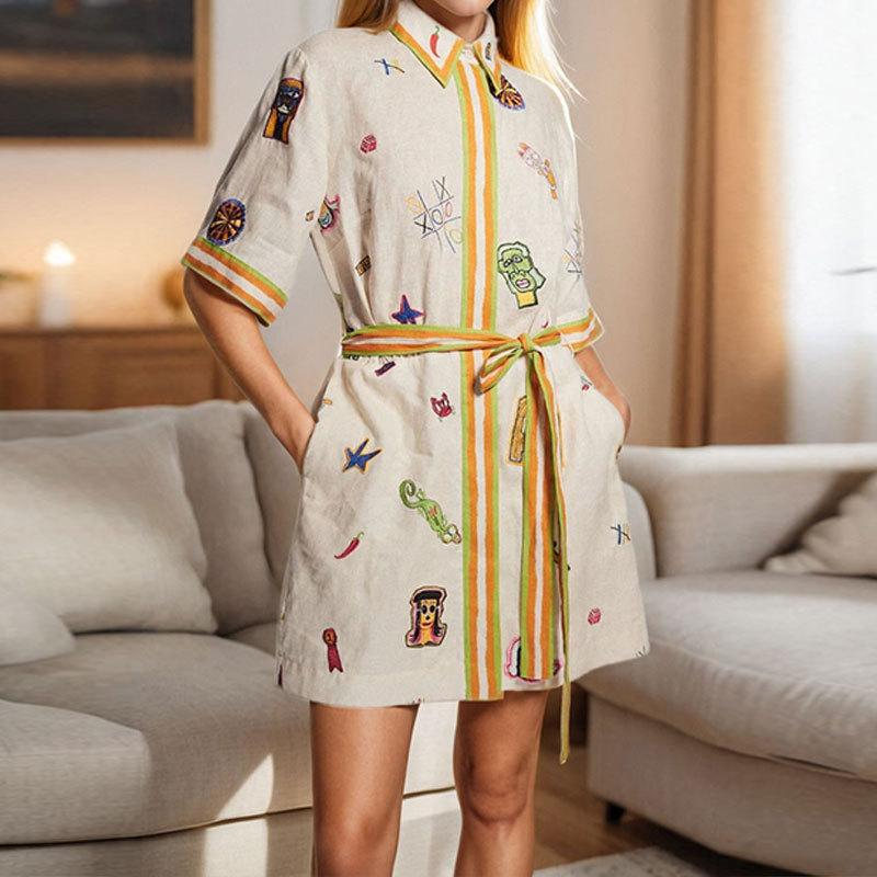 

European and American women s clothing, new spring models, fashionable flower-printed lapel-neck lace-up short dress dress 3XL