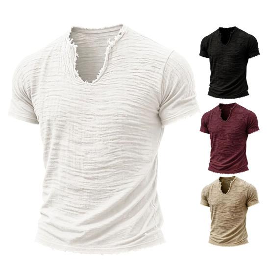 Camiseta de Hombre con Flecos Camiseta Retro de Manga Corta con Cuello en V Elegante Desgastada Camiseta de Verano para Fiesta Playa Vacaciones Gimnasio