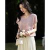 Demana French Lace V-Neck Slub Knit Top