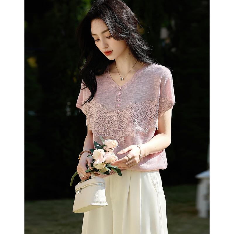 Demana French Lace V-Neck Slub Knit Top